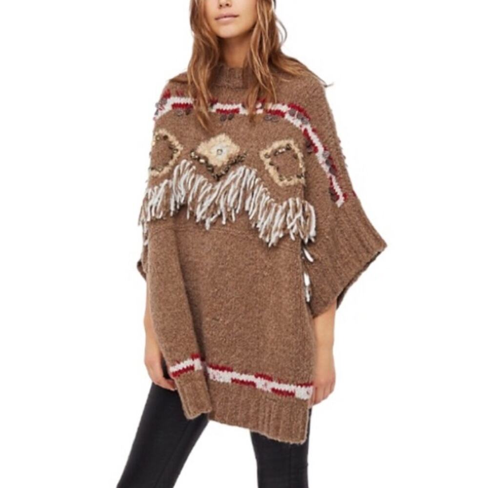 Free People Brown Fringe Oversized Poncho Sweater XS